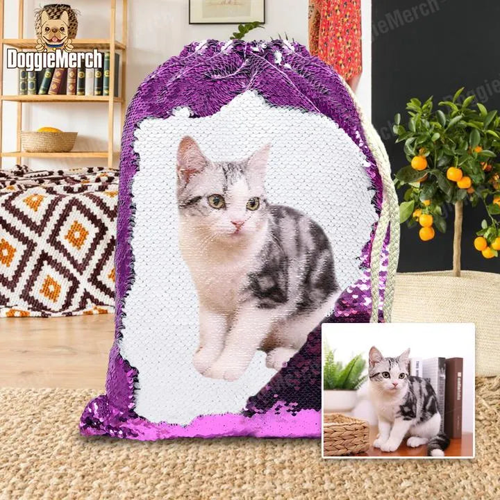 Custom purple sequins backpack displaying pet photo with drawstring closure