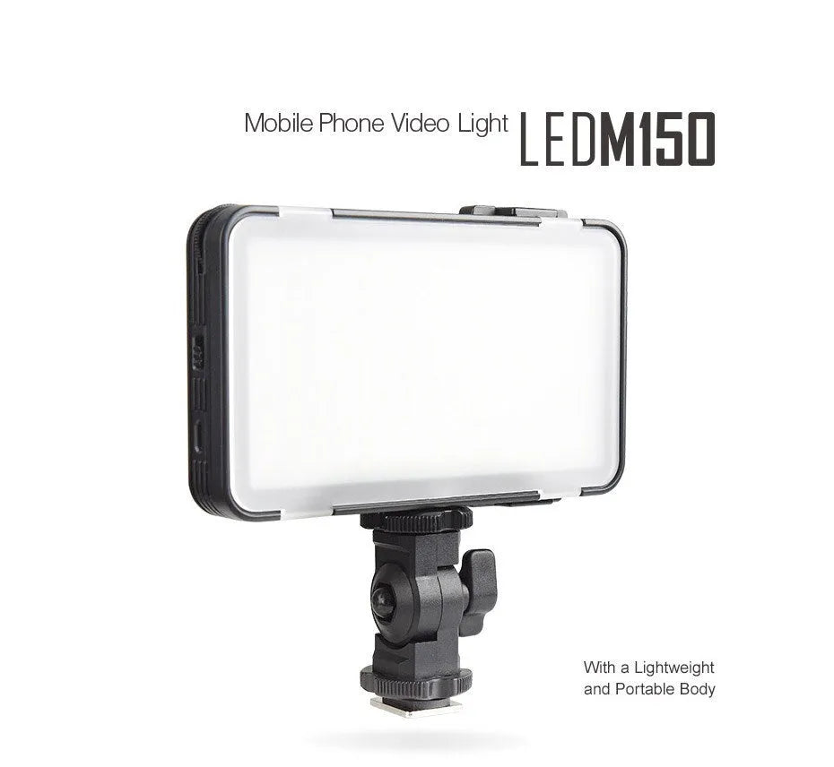 Shenniu M150 ultra-thin silver mobile phone LED video light with 150 LEDs, shown next to a smartphone.