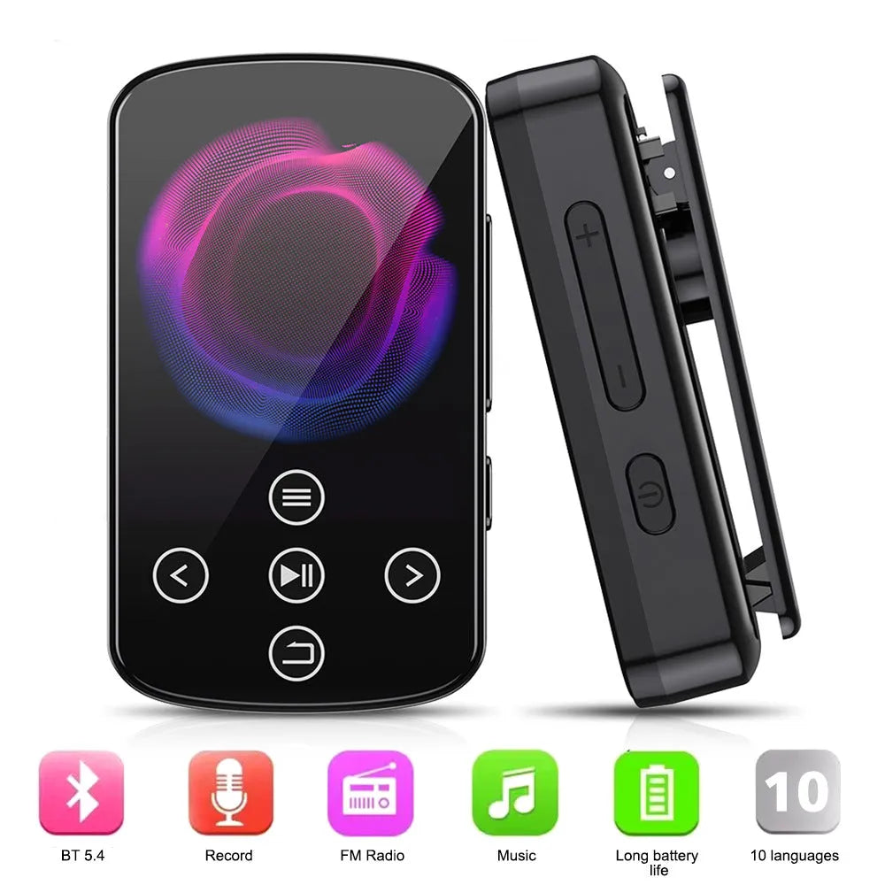 Black Bluetooth music player with 1.5-inch touch screen and buttons, 60x35x18mm