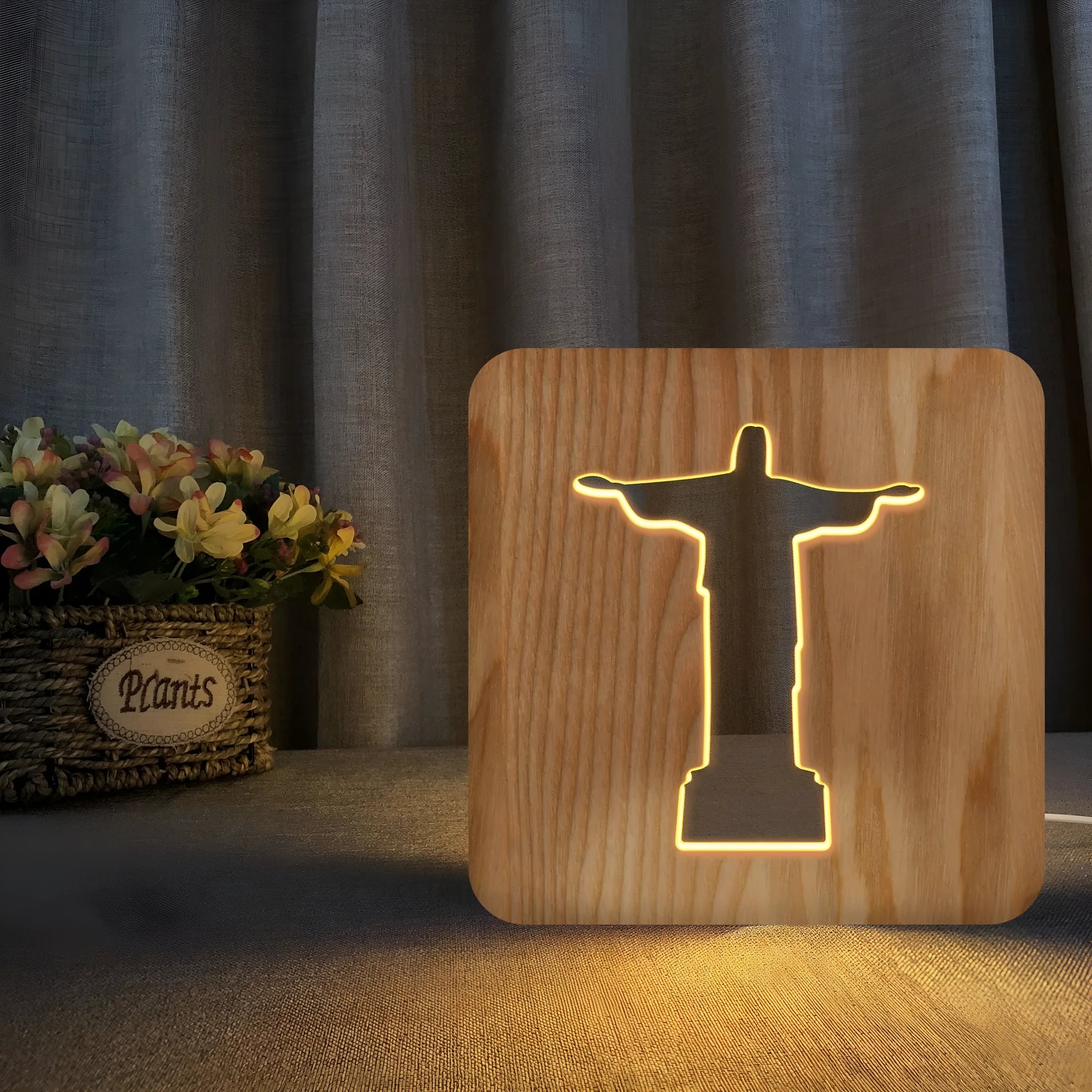 Solid wood hollow night lamp with warm white LED light and USB power cable