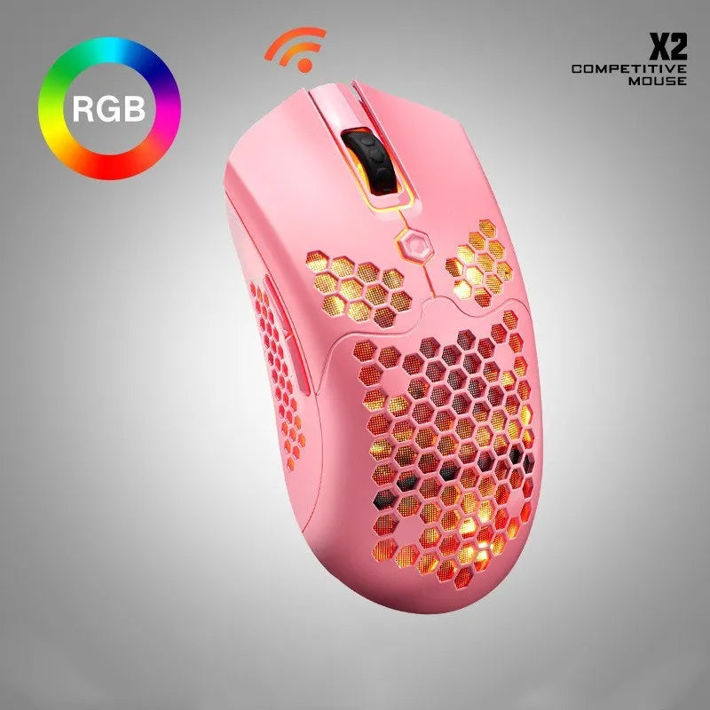 Free Wolf X2 wireless RGB gaming mouse in black on a mouse pad, showing ambidextrous shape and side buttons.