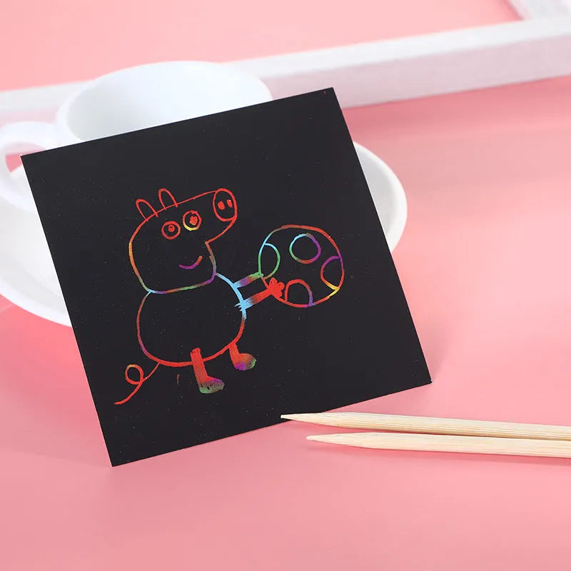 Trumpet scratch painting kit with colourful paper cards in 8.8cm colour box