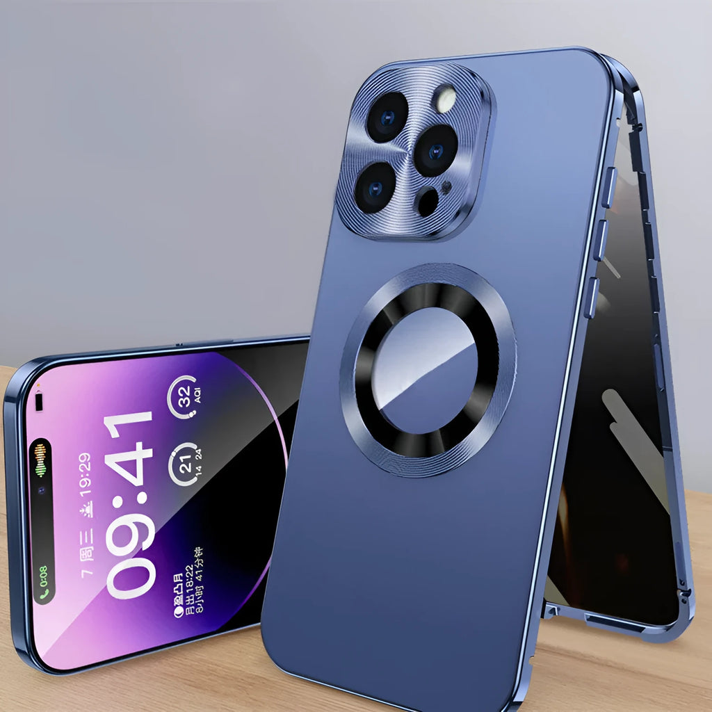 Magnetic iPhone case with anti-peep metal clip in black, blue, gold, purple, and silver colour options.