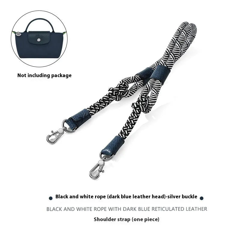 Braided nylon rope shoulder strap with cowhide leather accents and an alloy buckle.