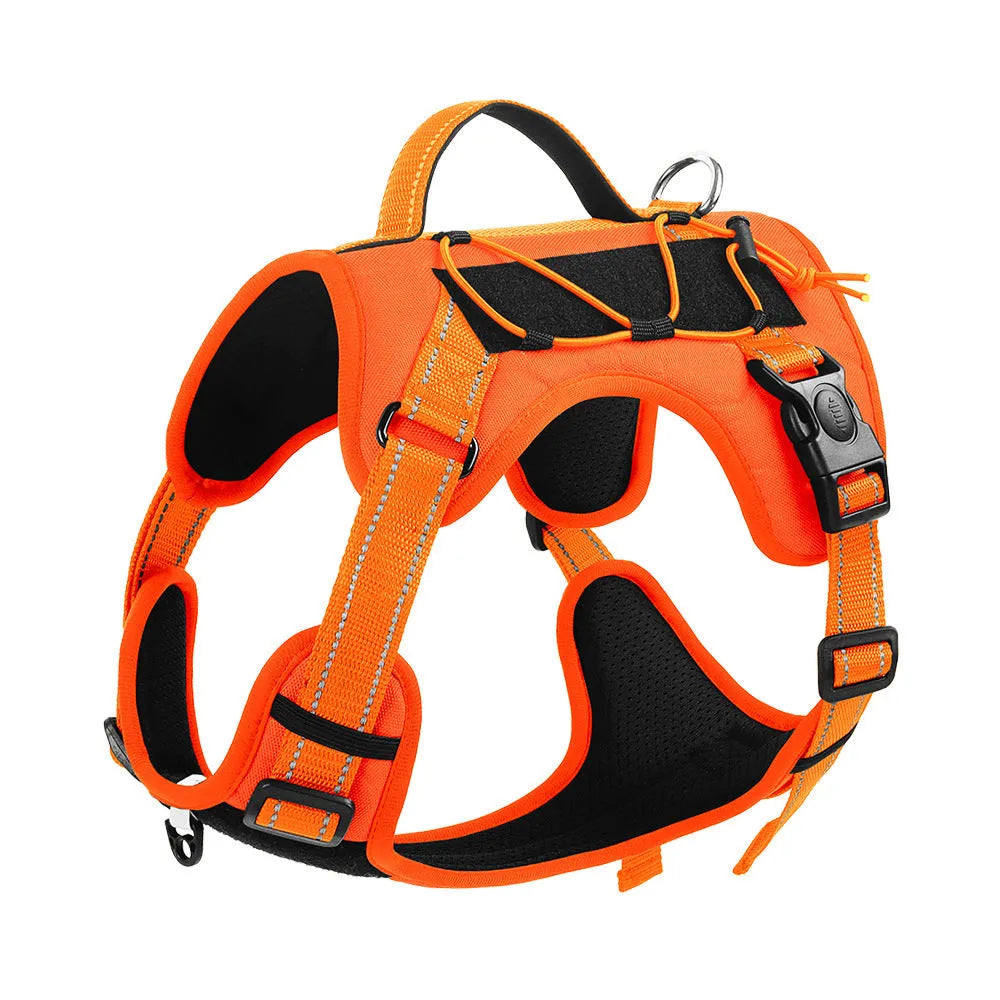 Orange reflective dog harness with explosion-proof design and a black hand-holding rope attached.