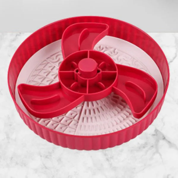 Colourful rotating pet slow feeder bowl with a silicone licking mat in a windmill design.