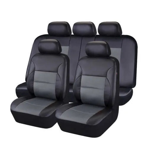 Set of black artificial leather car seat covers for front and back seats, shown with installation hooks.