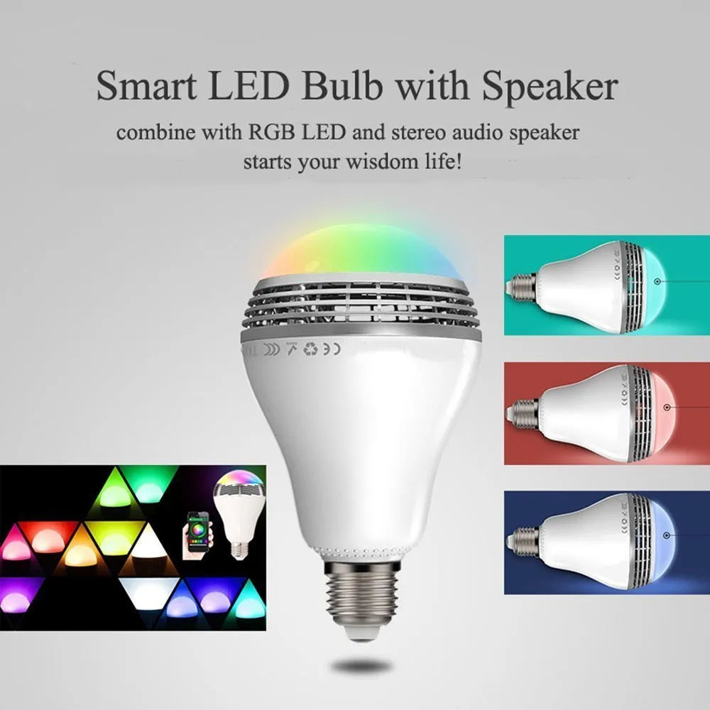 Smart Bluetooth speaker LED light bulb with E27 base, showing multi-coloured RGB lighting.