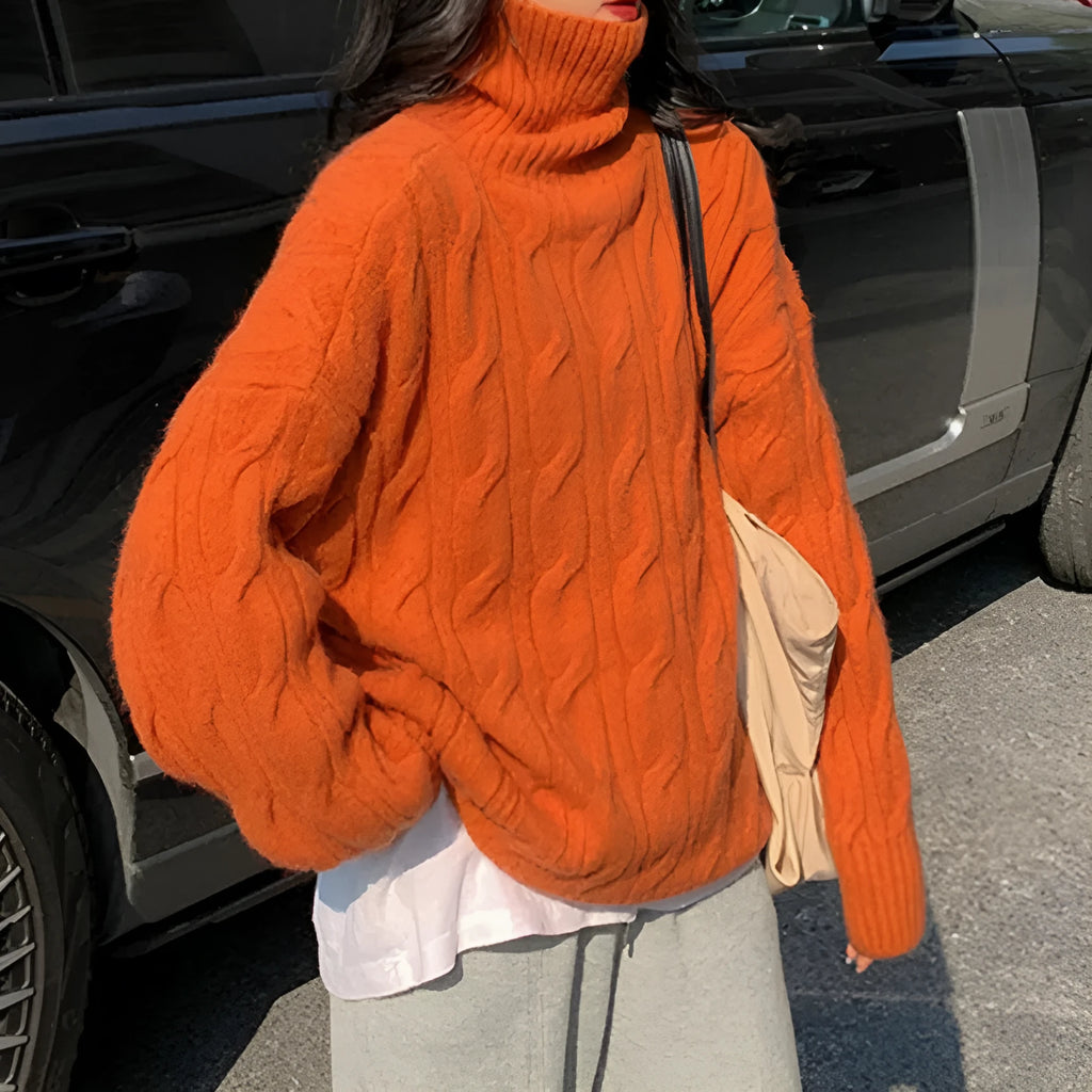 Twisted high-neck women's sweater in loose pullover style with long sleeves, polyester fabric, one size, seven colours available