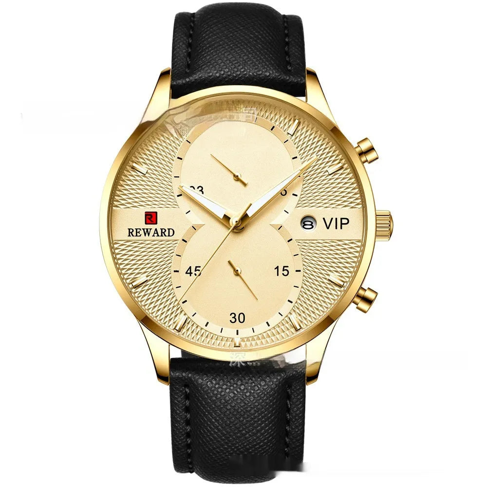 Men's waterproof quartz business watch with 45mm round dial, stainless steel strap, and calendar display on a white background