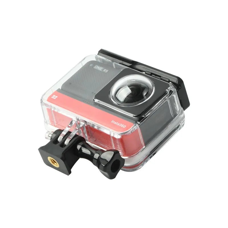 Transparent waterproof housing for Insta360 One RS panoramic camera showing clear plastic construction