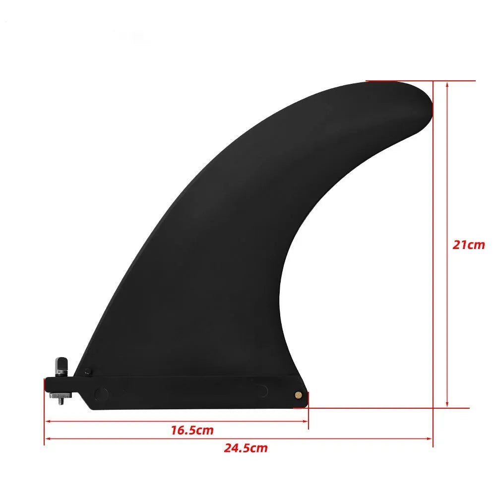 Black plastic SUP paddle with large removable fish fins for water propulsion.