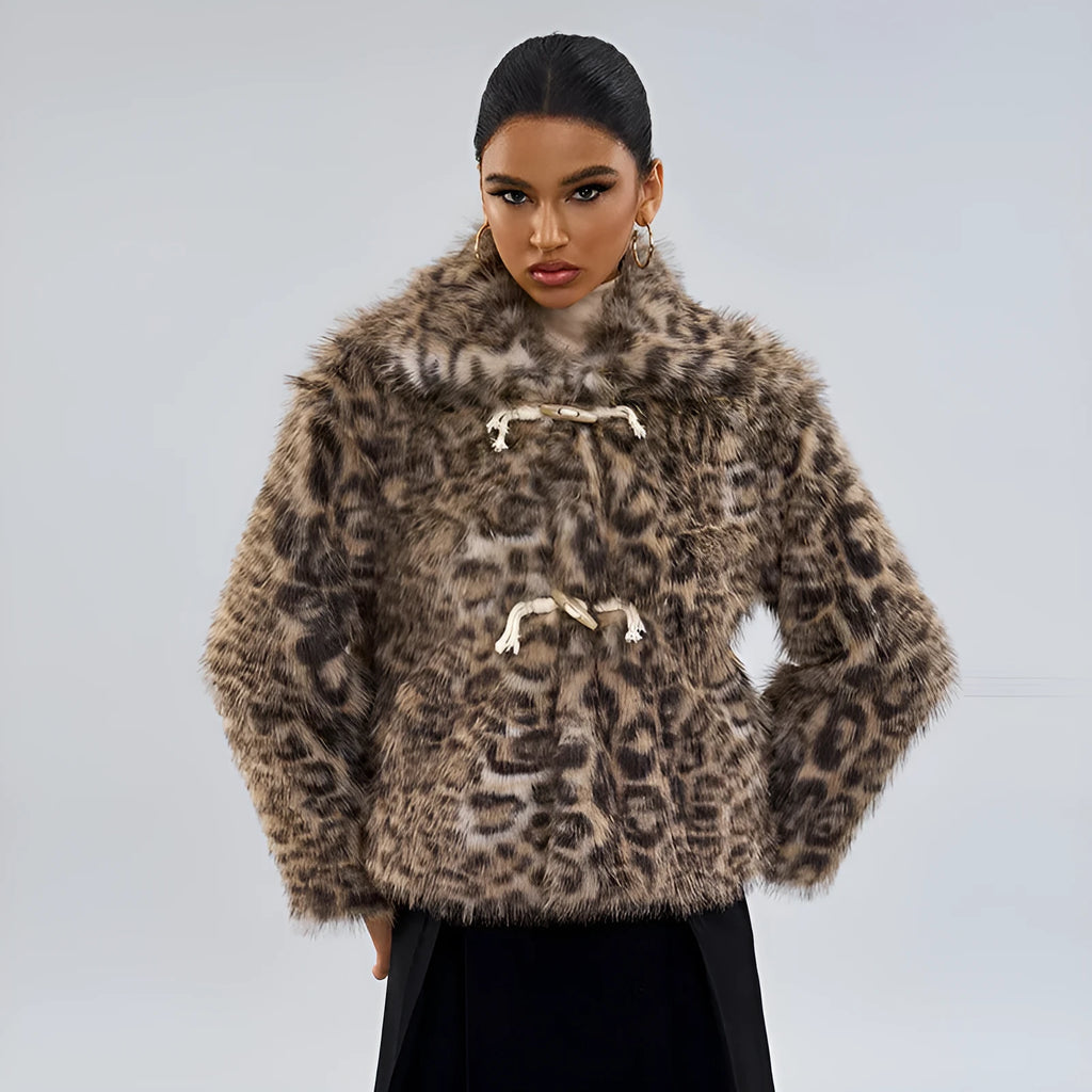 Women's leopard print coat with a buckle lapel detail on the collar