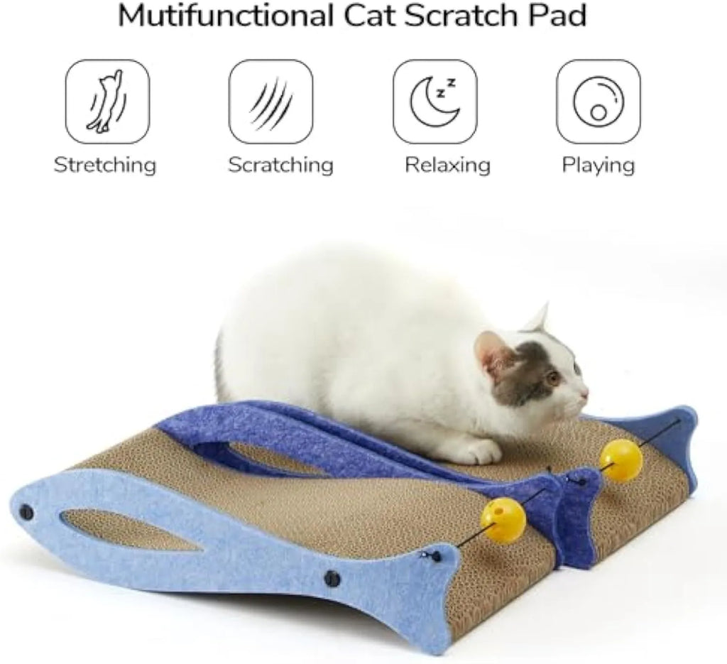 Blue fish-shaped cardboard cat scratcher with attached bell ball toy