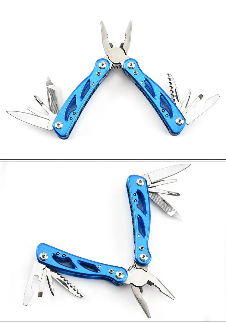 Blue folding multi-function pliers with fruit knife tool showing open and closed positions