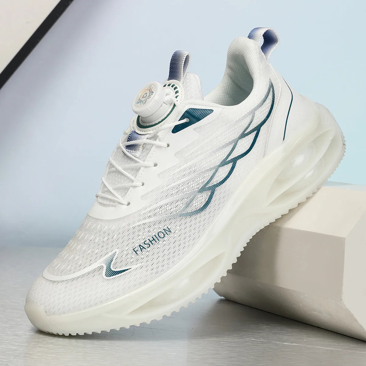 Low-top casual running shoes in sky blue, black gold, or white with PU mesh upper and rubber sole.