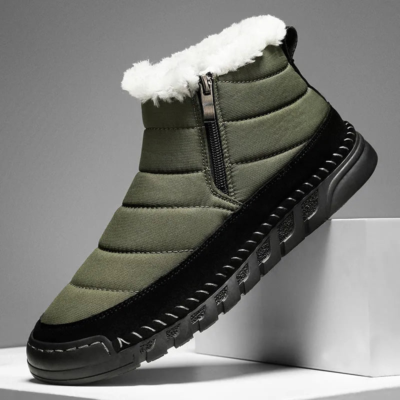 Men's plus size snow boot in black with round toe, cotton upper, and rubber sole.