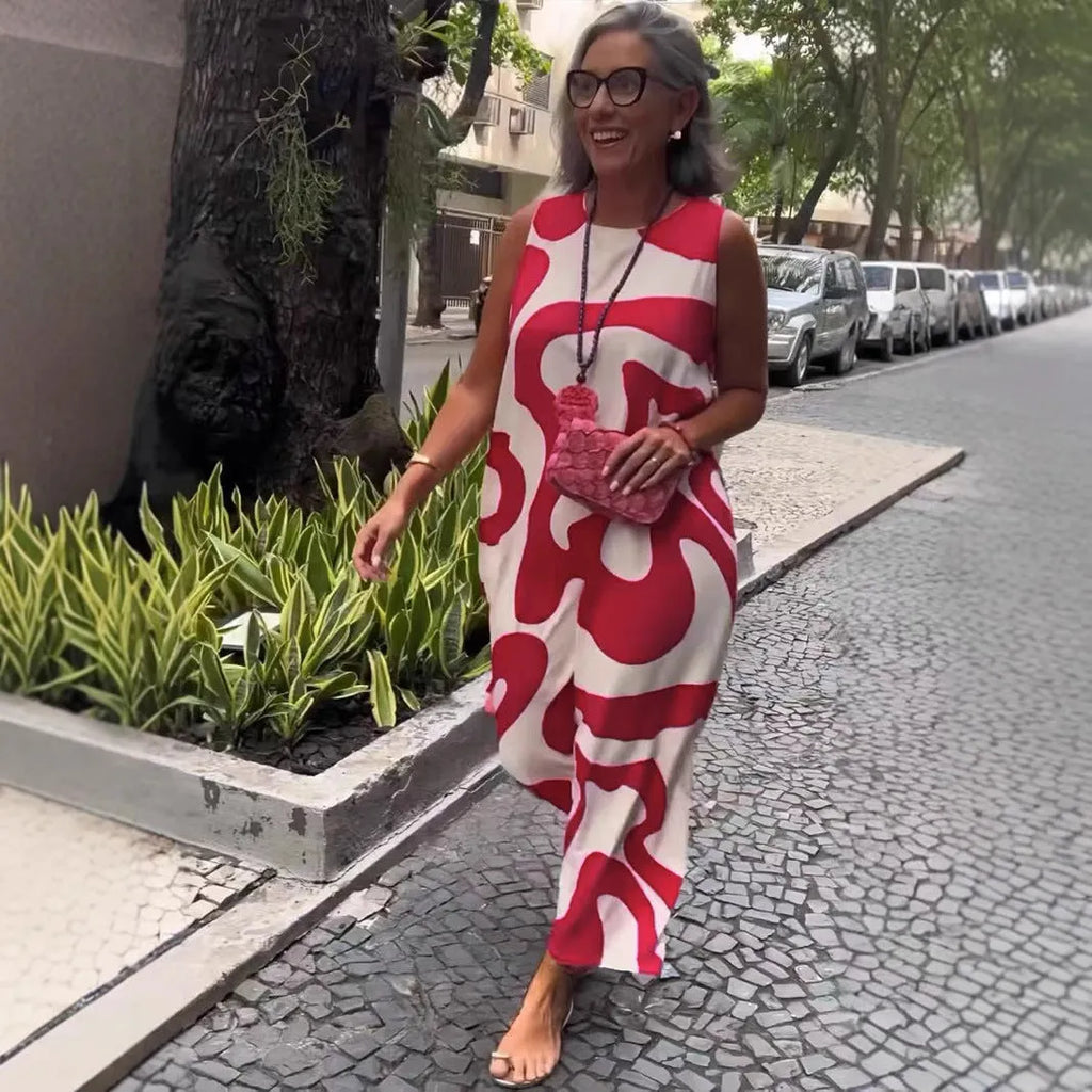 New V-neck printed sleeveless casual dress for women in rose red with A-line skirt