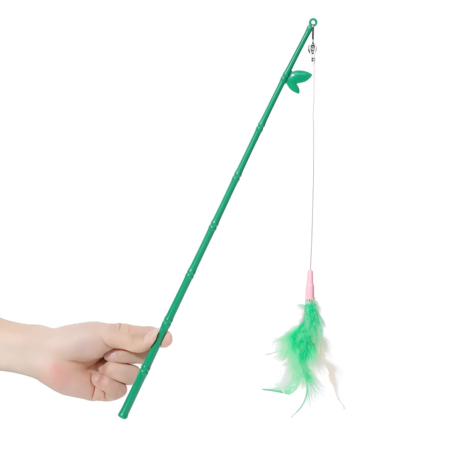 Green interactive cat feather wand toy with bell attachment on a durable stick