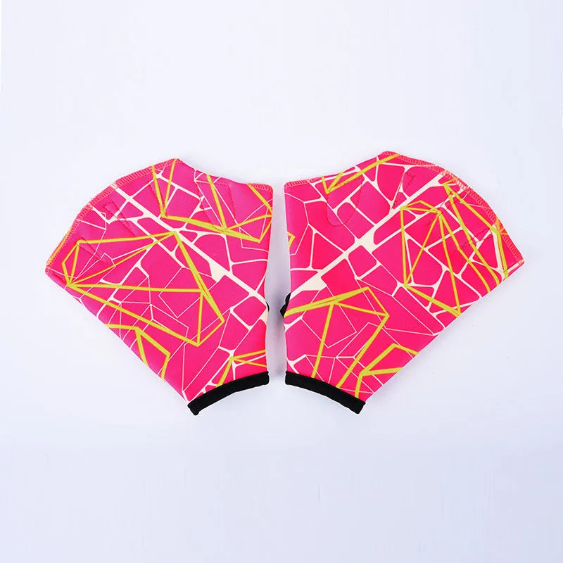 Green print duck foot webbed swimming glove for outdoor water training.