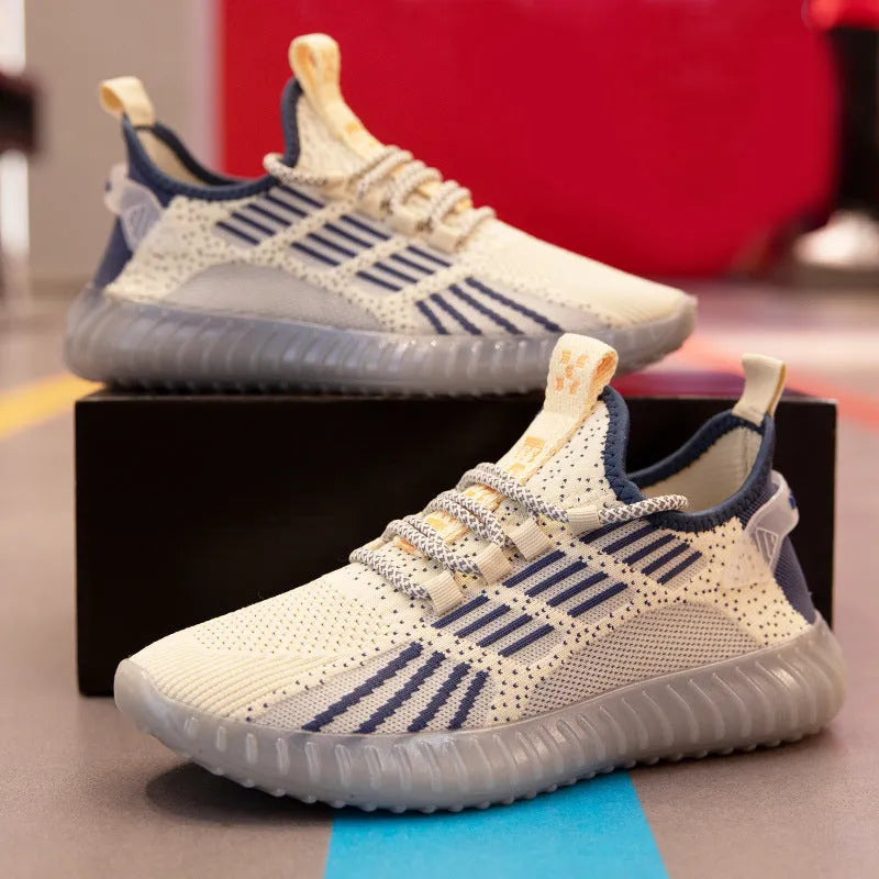 Men's breathable flying fabric sports shoes in white colour showing mesh lining and platform heel design