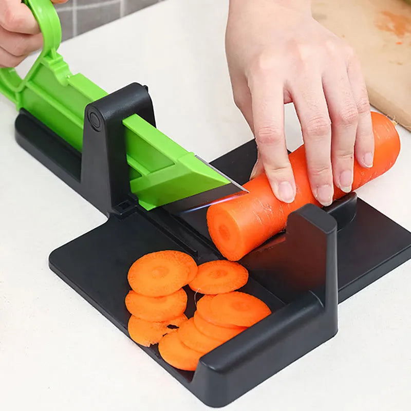 Green and red vegetable cutting tool with stainless steel blades for carrots and potatoes