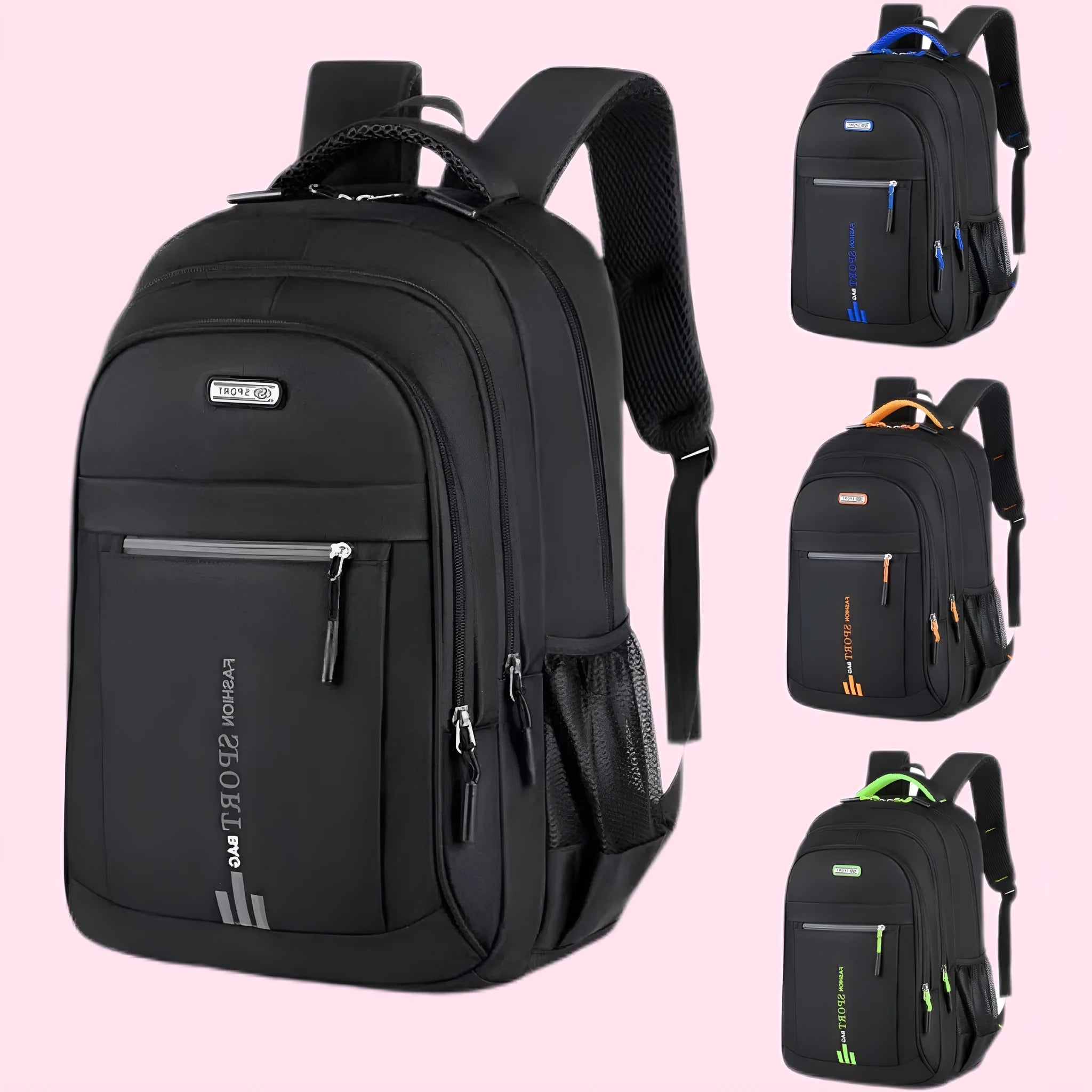 Blue business travel backpack with airpillow straps and sewing line detail on Oxford cloth.