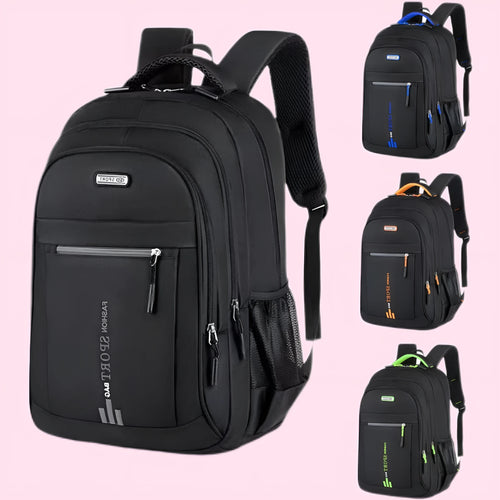 Blue business travel backpack with airpillow straps and sewing line detail on Oxford cloth.