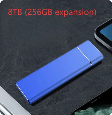 Sapphire blue portable external solid state hard disk with metal casing measuring 10.3cm