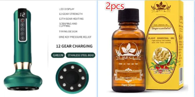 Green electric vacuum cupping massager with suction cup and charging cable