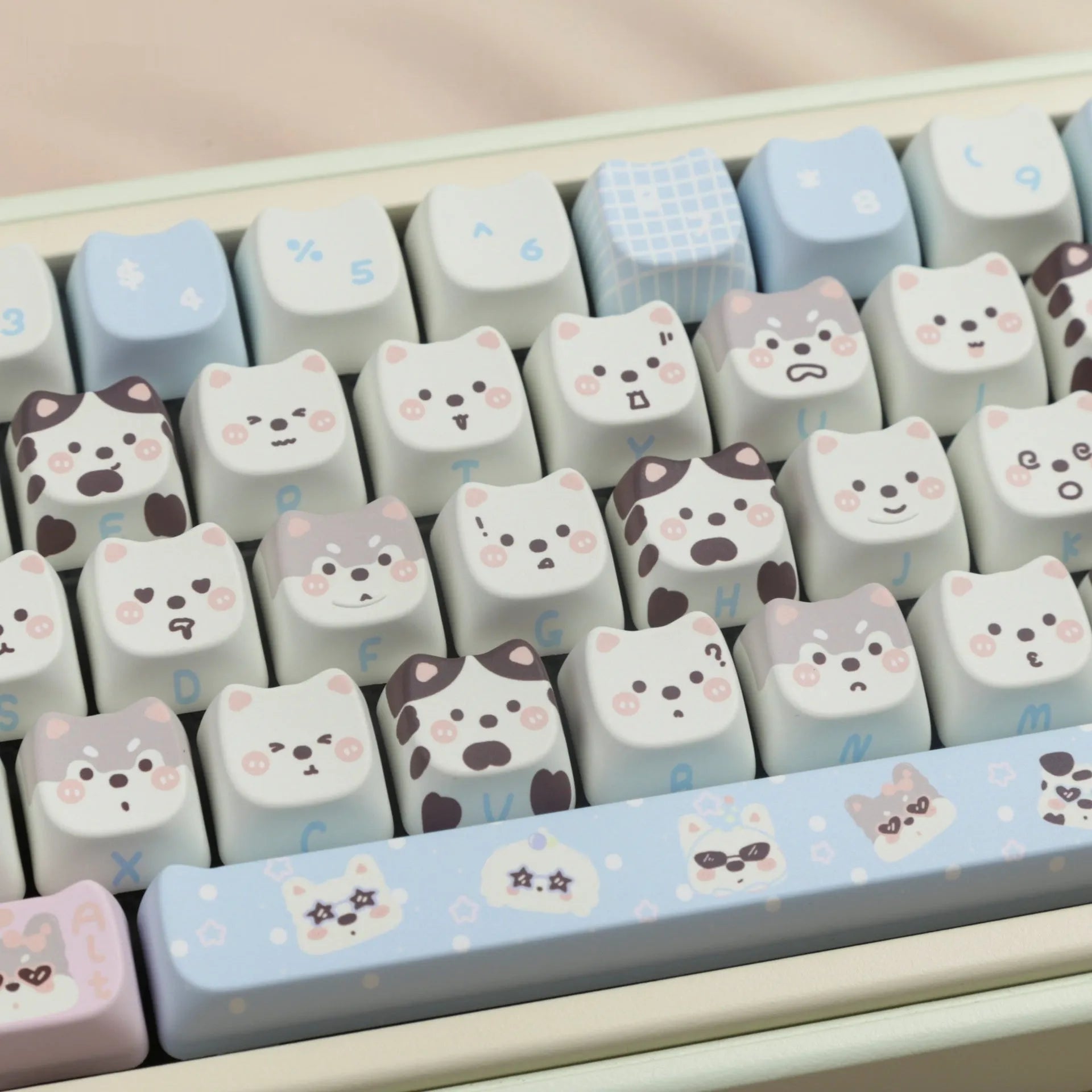 Full set of colourful anime puppy design PBT keycaps for a mechanical keyboard on a white background.