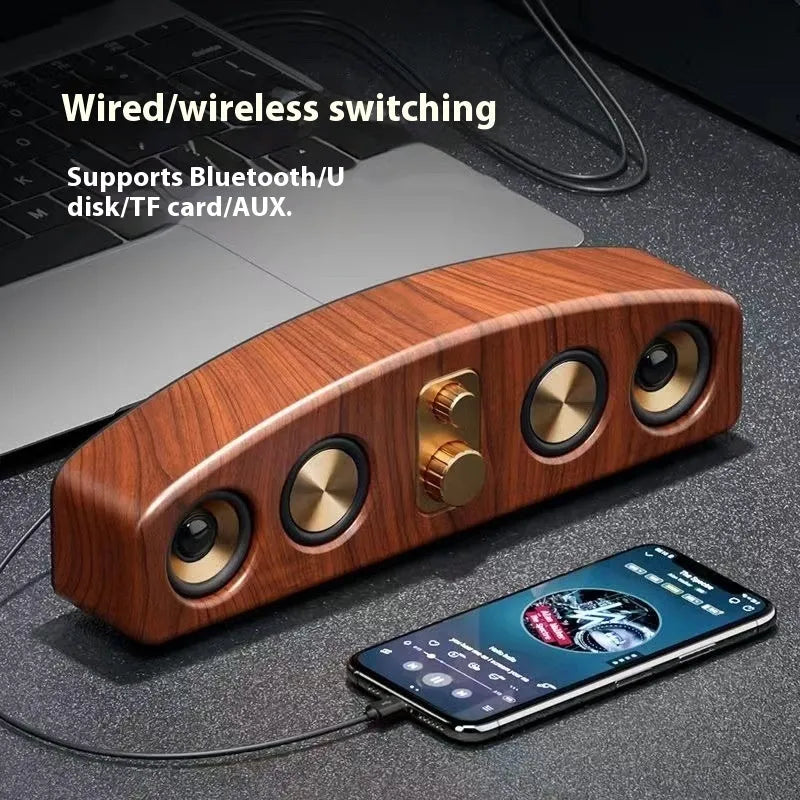 Retro portable Bluetooth speaker with wood grain finish and USB cable for outdoor use