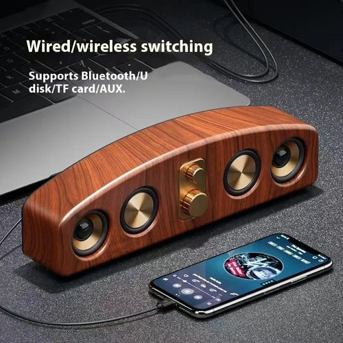 Retro portable Bluetooth speaker with wood grain finish and USB cable for outdoor use