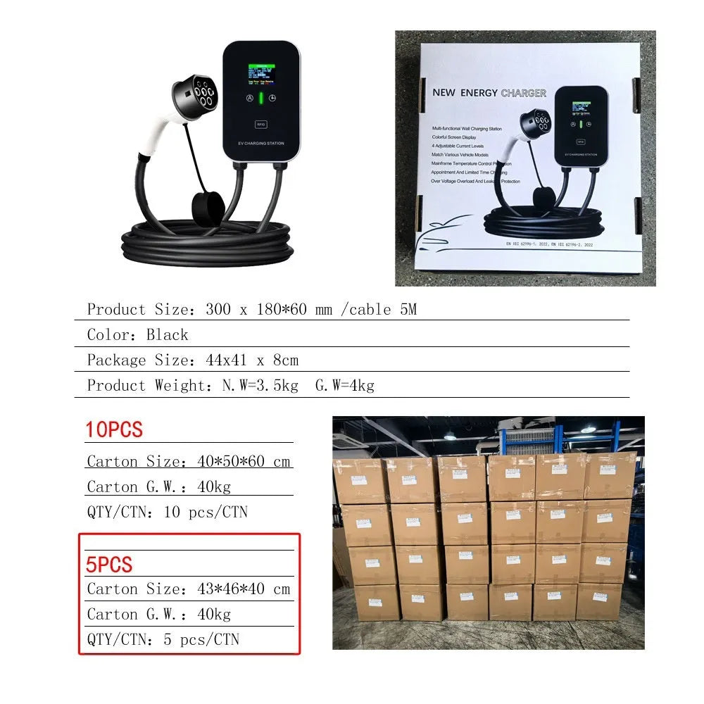 7KW AC EV charging pile with European standard gun head, colour screen or LED options, 3 M to 10 M cable