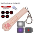 Handheld infrared cat laser toy projecting purple light patterns with colour options of blue, pink, purple, or white