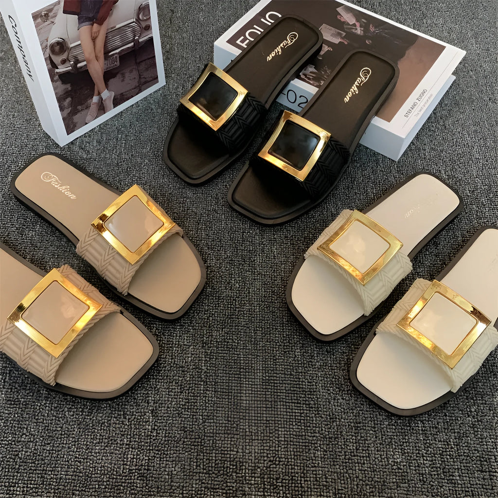 Women's apricot casual flat slippers with a PVC sole, shown on a light background.