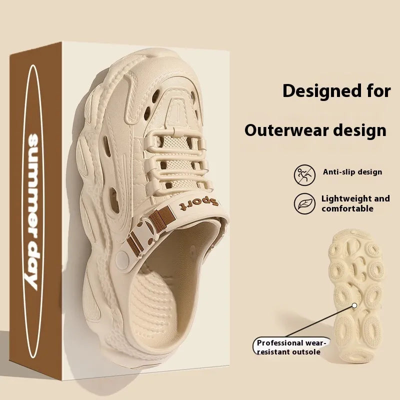 Men's khaki outdoor slippers with a hollow out design and lightweight EVA sole on a wooden deck.