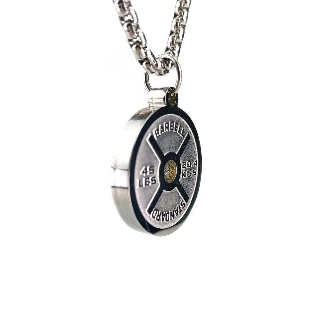 Stainless steel barbell disk sports necklace with geometric pendant on 60cm chain