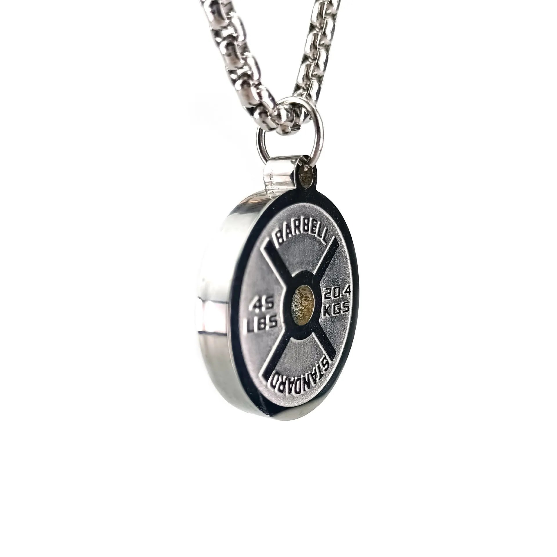 Stainless steel barbell disk sports necklace with geometric pendant on 60cm chain