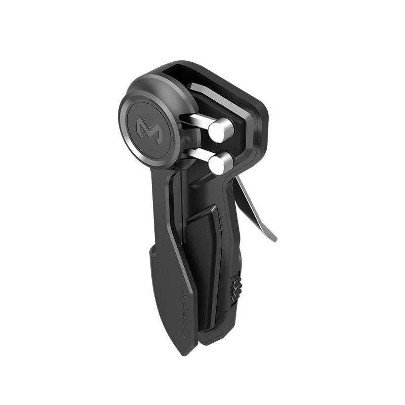 Black six-finger iPad trigger game controller with adjustable buttons and silicone grip for tablets.