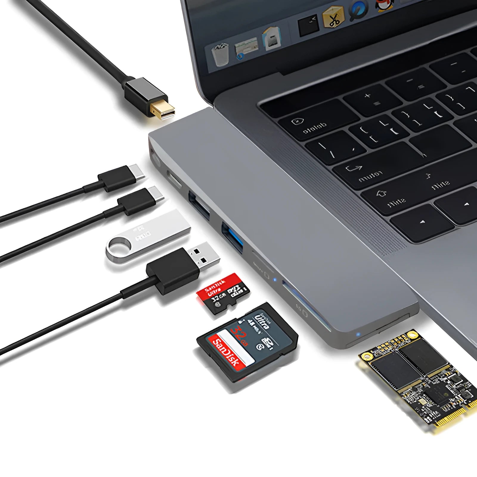Eight-interface computer card reader adapter for MacBook Pro with dual USB-C connectors