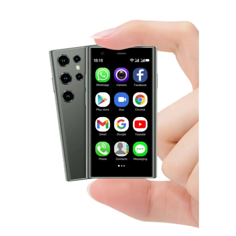 Black, green, and pink purple mini Android smartphone with 3-inch screen showing home screen interface
