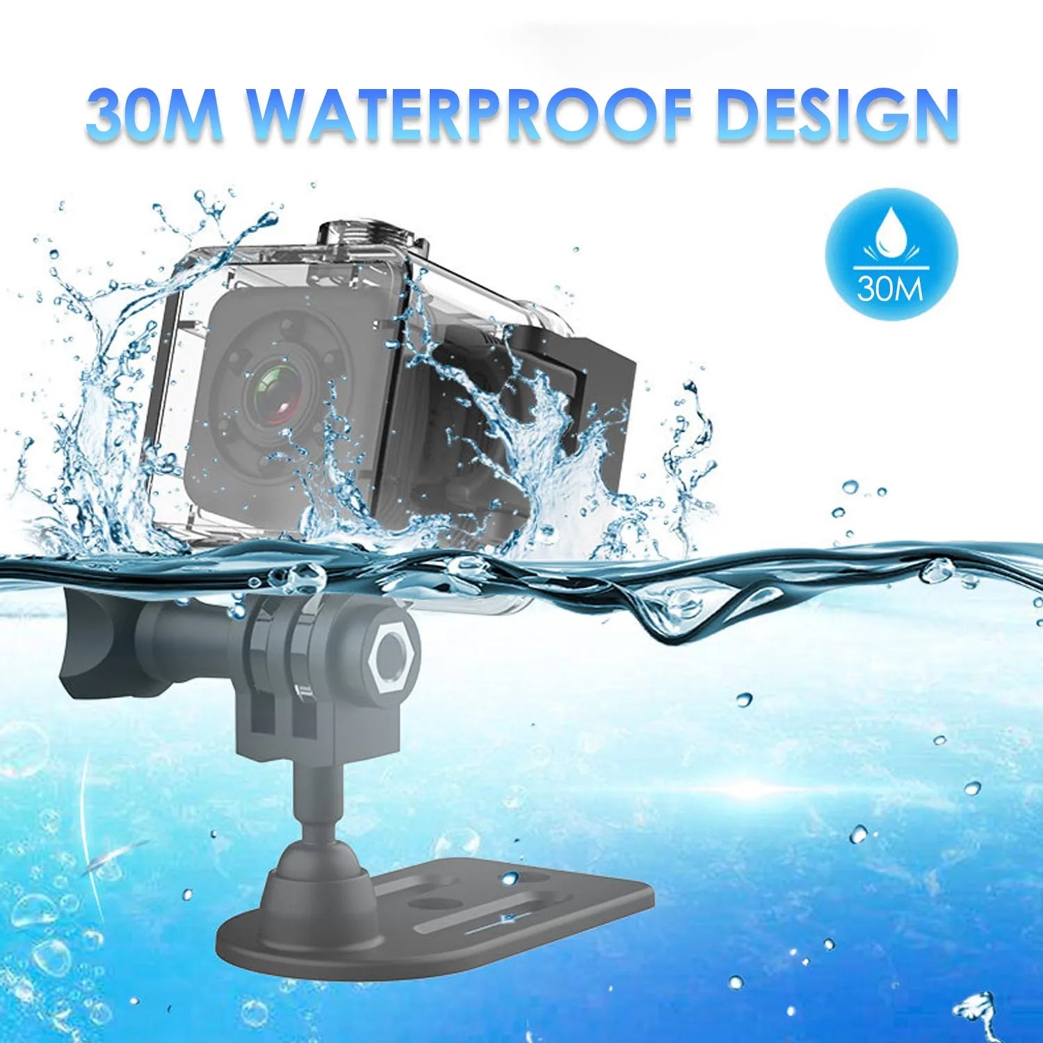 SQ29 black waterproof sports camera showing front view with lens.