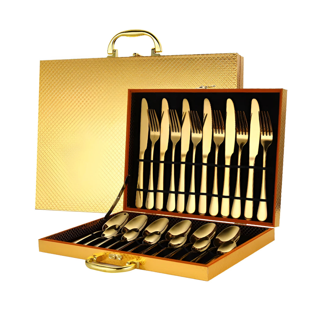 24-piece stainless steel cutlery set in a choice of colours including black, gold, and rose gold.