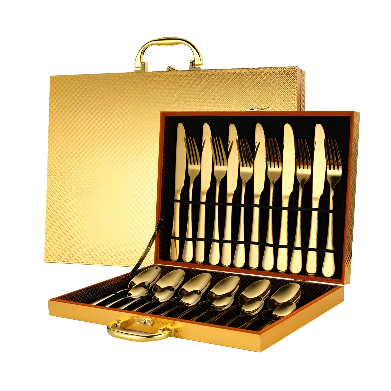24-piece stainless steel cutlery set in a choice of colours including black, gold, and rose gold.