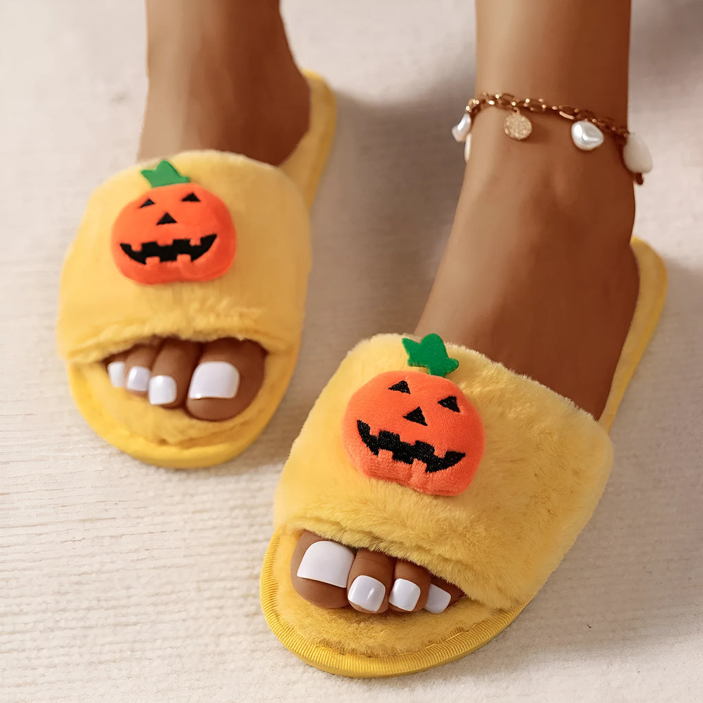 Yellow Halloween pumpkin plush open-toe slippers with synthetic fur and anti-slip PVC soles