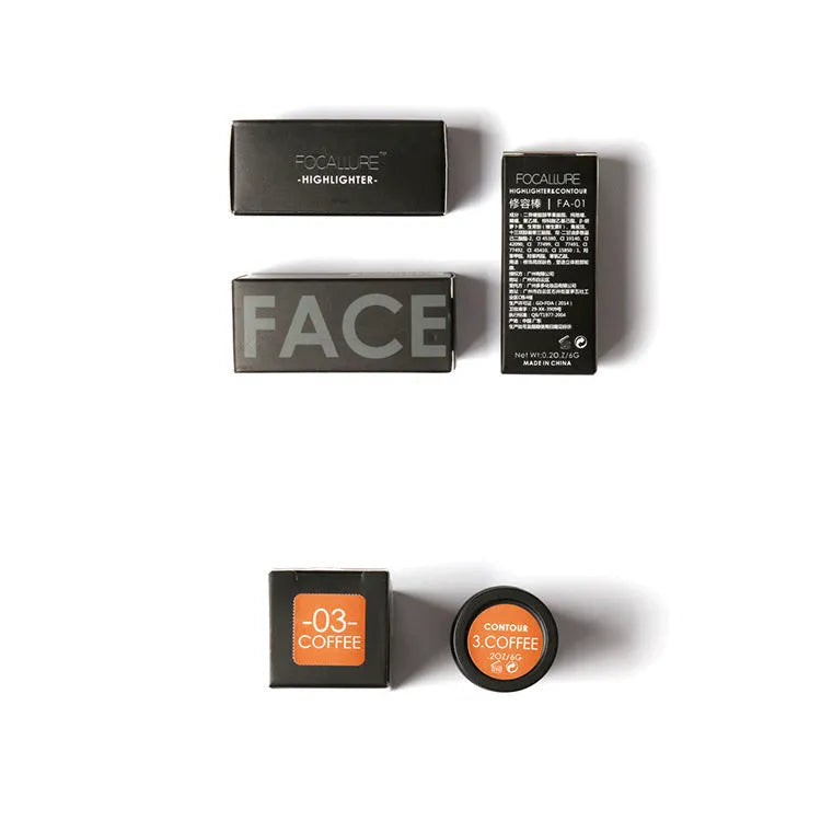 Face contour highlighter cosmetic product showing four shade options labelled A, B, C, and D