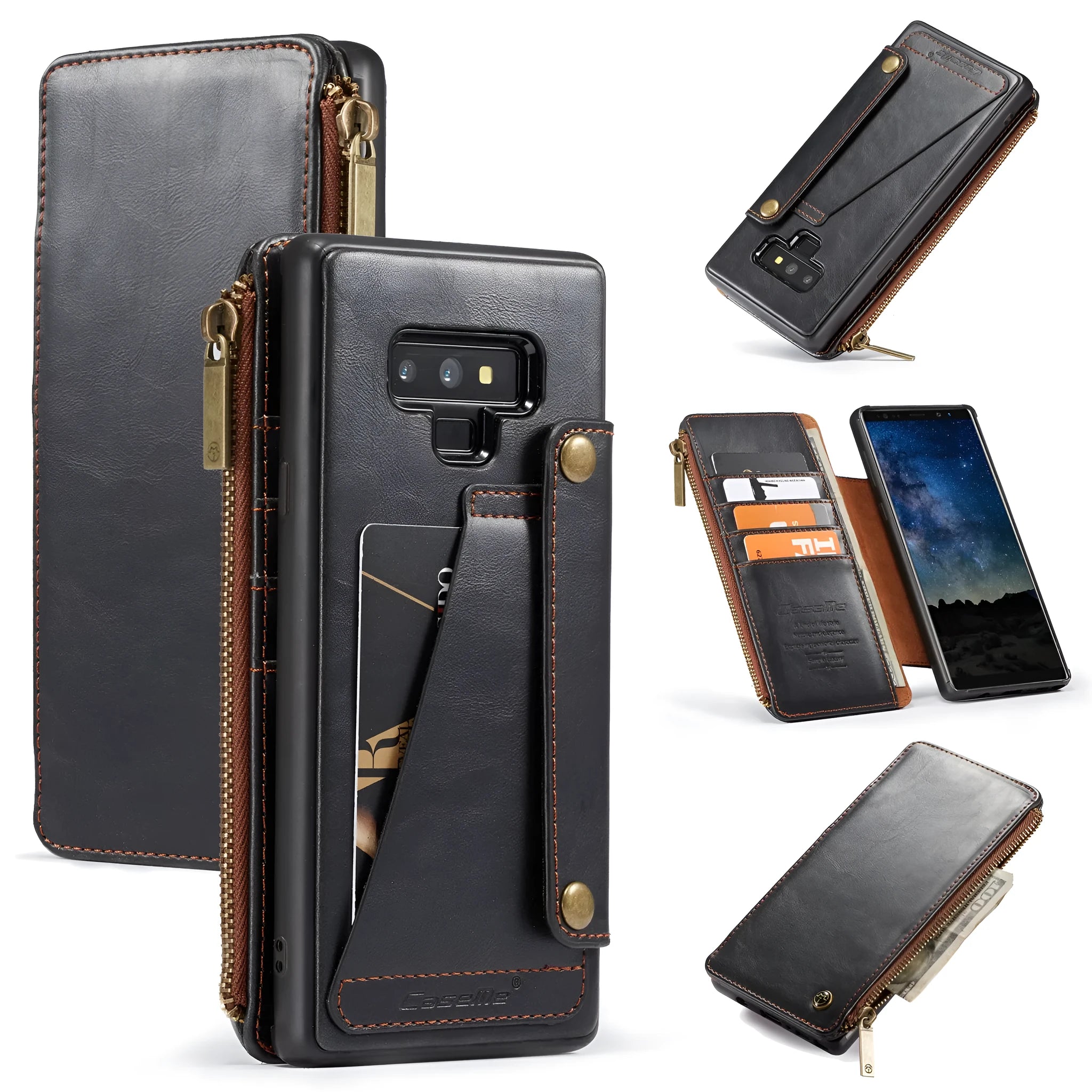 Black PU leather flip phone case for Samsung Galaxy Note 9 shown open and closed.