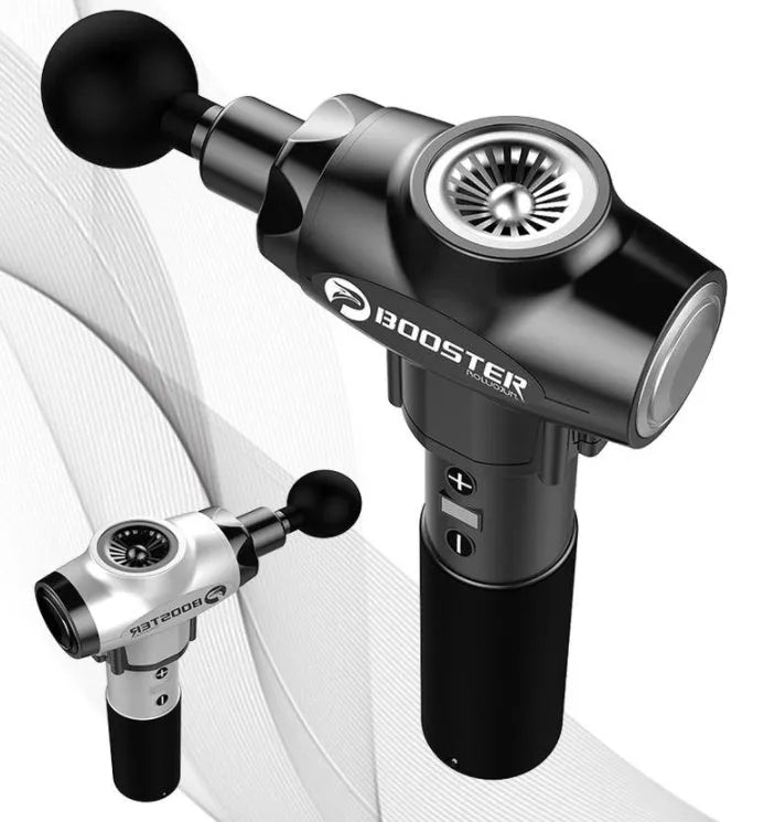 Black and white handheld muscle massager with adjustable speed control
