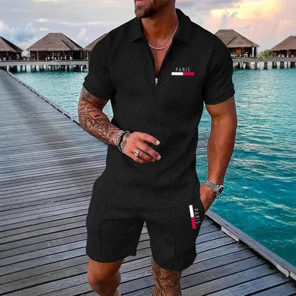 Men's casual retro plaid beach suit set with Paris heat transfer patch short sleeve T-shirt and shorts in multiple colours
